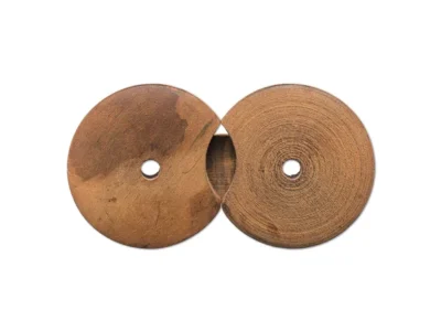 Small hand carved abstract wooden sculpture two circles