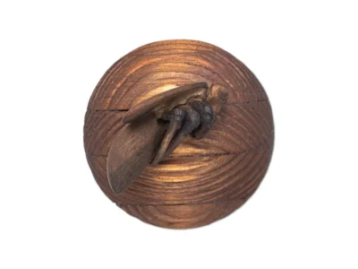Small hand carved wooden sculpture with insect